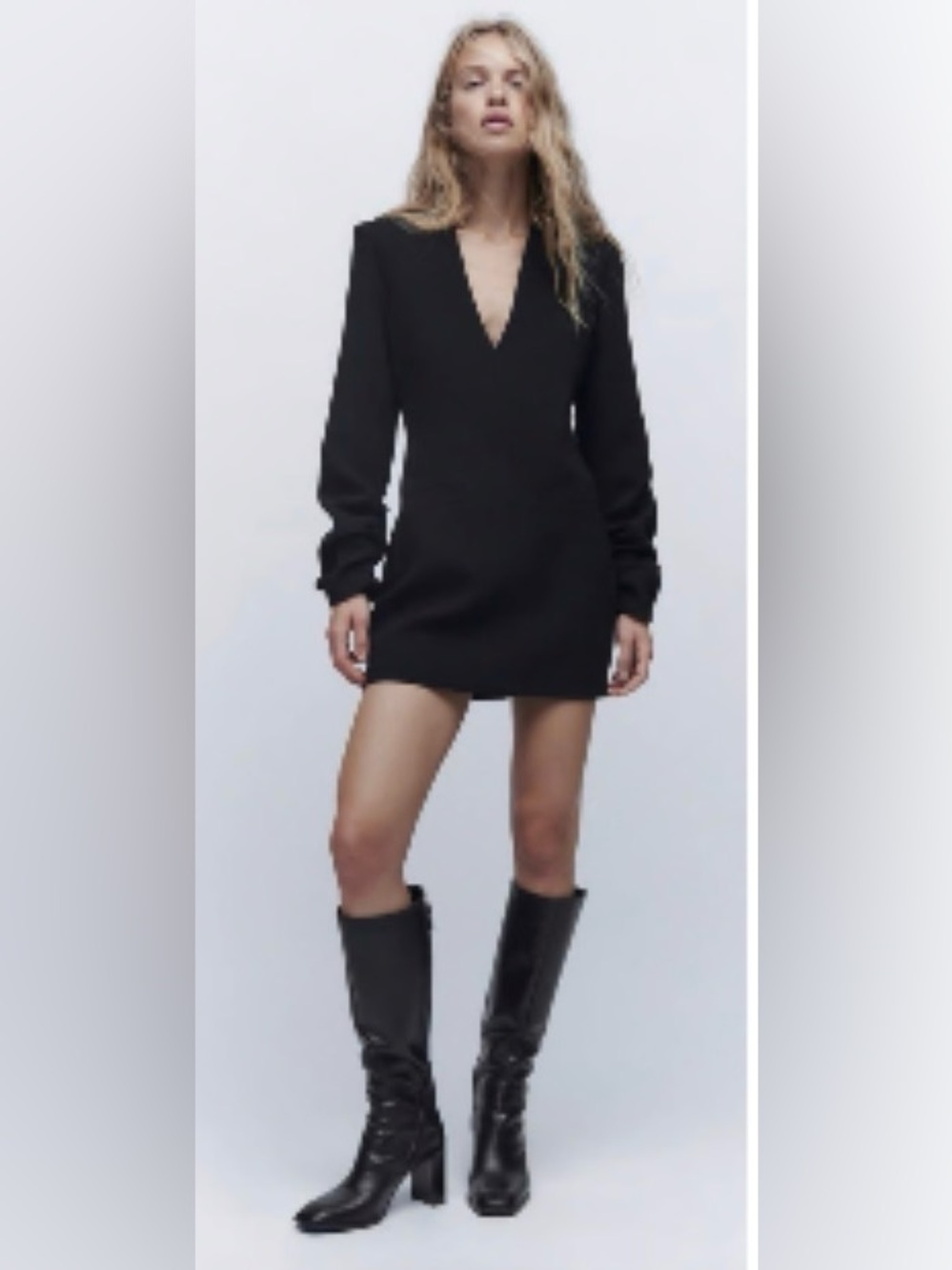 Zara Black V Neck Structured Long Sleeve Mini Dress with Ruched Sleeves